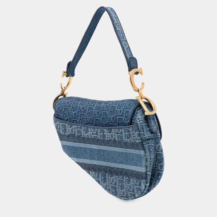 Pre Owned Dior Blue Oblique Embroidered Denim Saddle Bag
