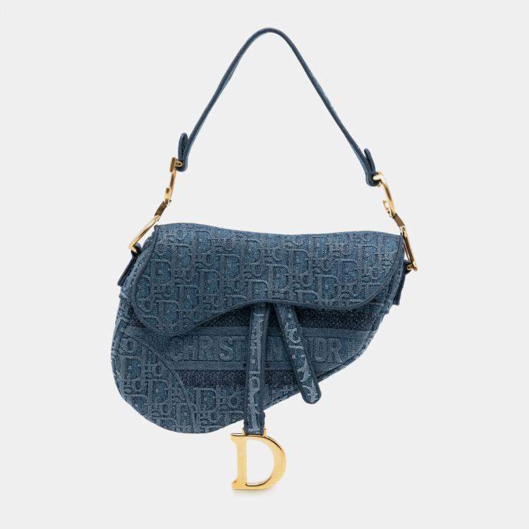 Pre Owned Dior Blue Oblique Embroidered Denim Saddle Bag
