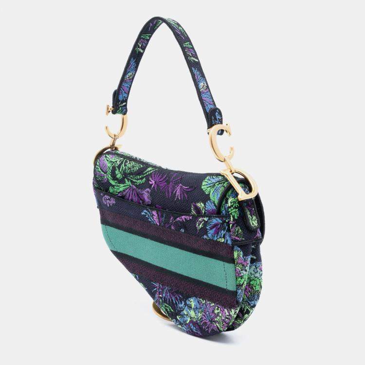 Pre Owned Dior Blue Canvas Embroidered Floral Saddle Bag