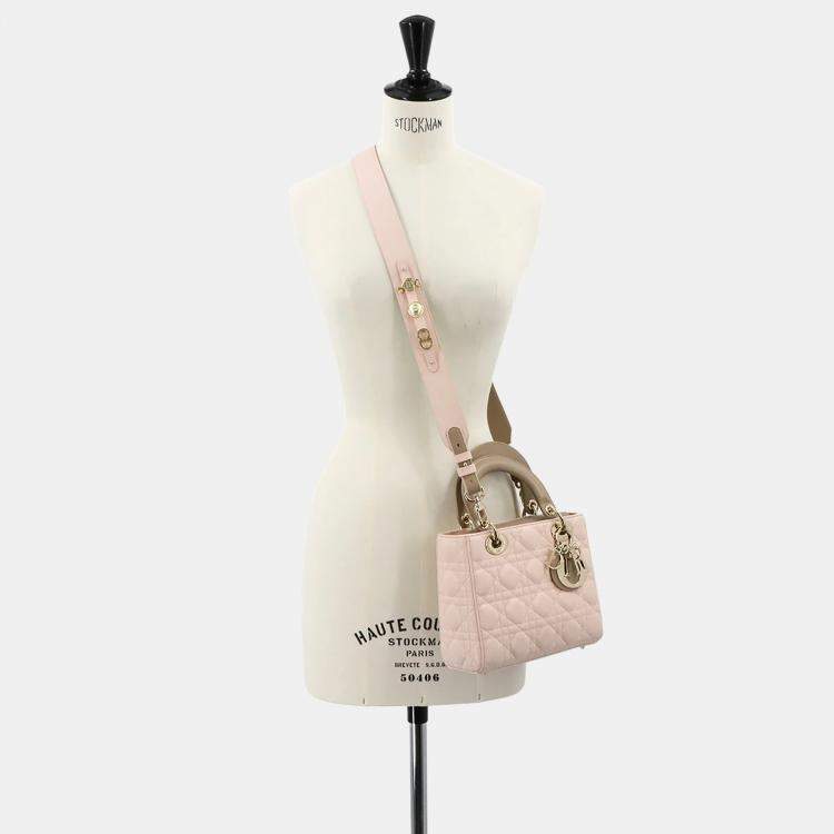 Pre Owned Christian Dior Lady Dior Small Pink Beige Leather Shoulder Bag