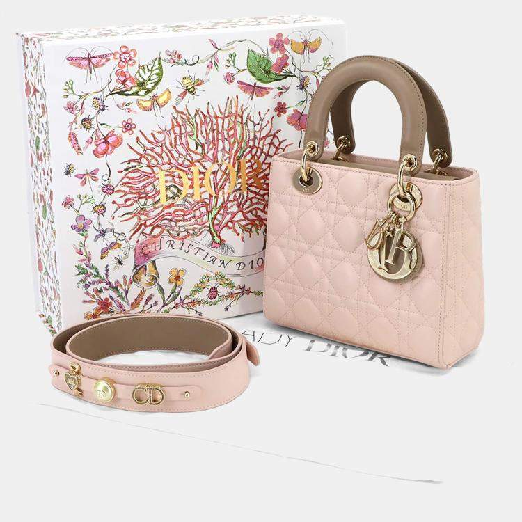Pre Owned Christian Dior Lady Dior Small Pink Beige Leather Shoulder Bag