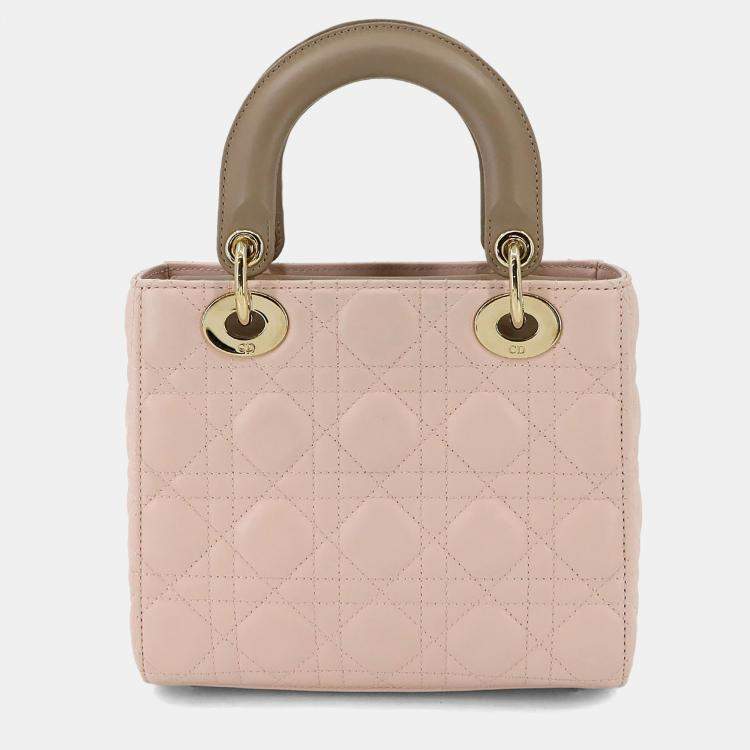 Pre Owned Christian Dior Lady Dior Small Pink Beige Leather Shoulder Bag