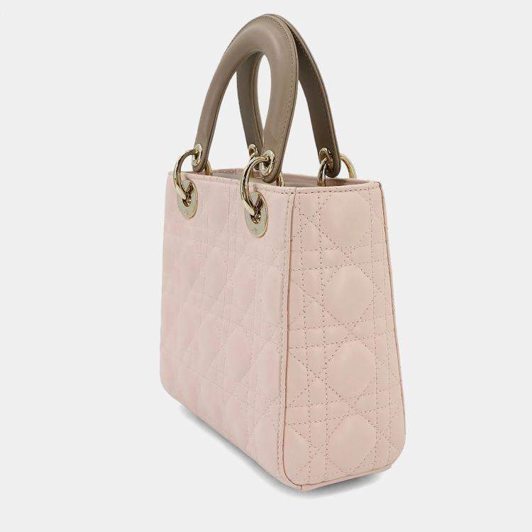 Pre Owned Christian Dior Lady Dior Small Pink Beige Leather Shoulder Bag