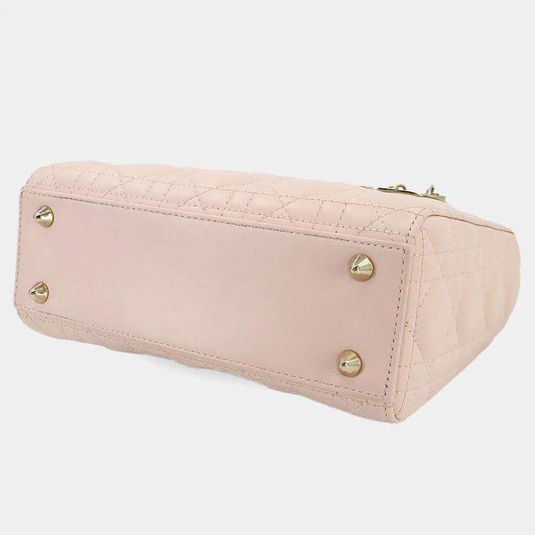 Pre Owned Christian Dior Lady Dior Small Pink Beige Leather Shoulder Bag