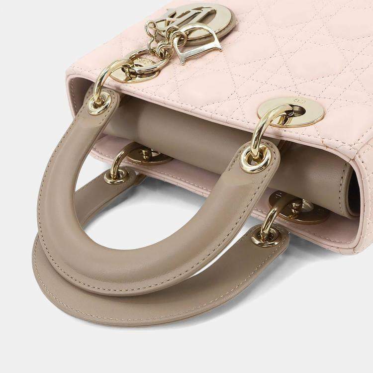 Pre Owned Christian Dior Lady Dior Small Pink Beige Leather Shoulder Bag