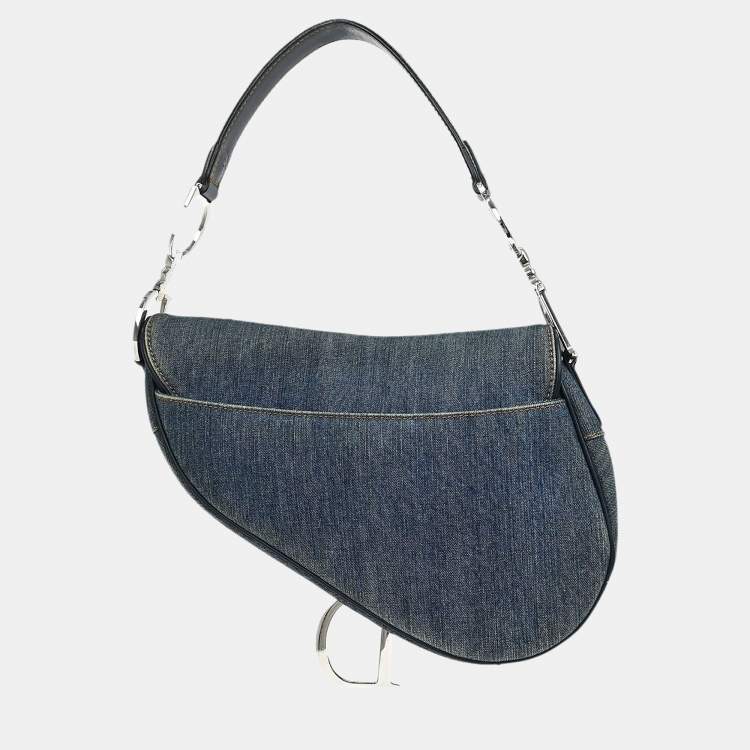 Pre Owned Christian Dior Blue Denim Patchwork Saddle Handbag