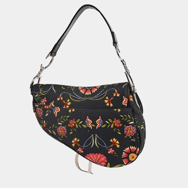 Pre Owned Christian Dior Black Canvas Floral Saddle Handbag