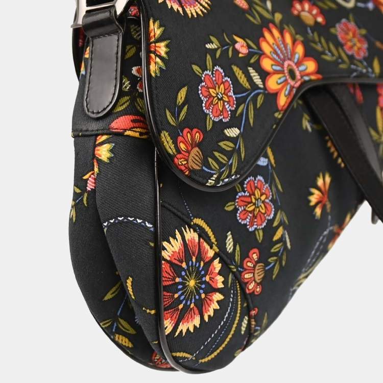 Pre Owned Christian Dior Black Canvas Floral Saddle Handbag