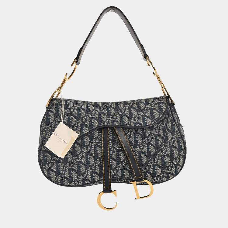 مملوكة مسبقًا Dior Trotter Double Saddle Navy Canvas Shoulder Bag