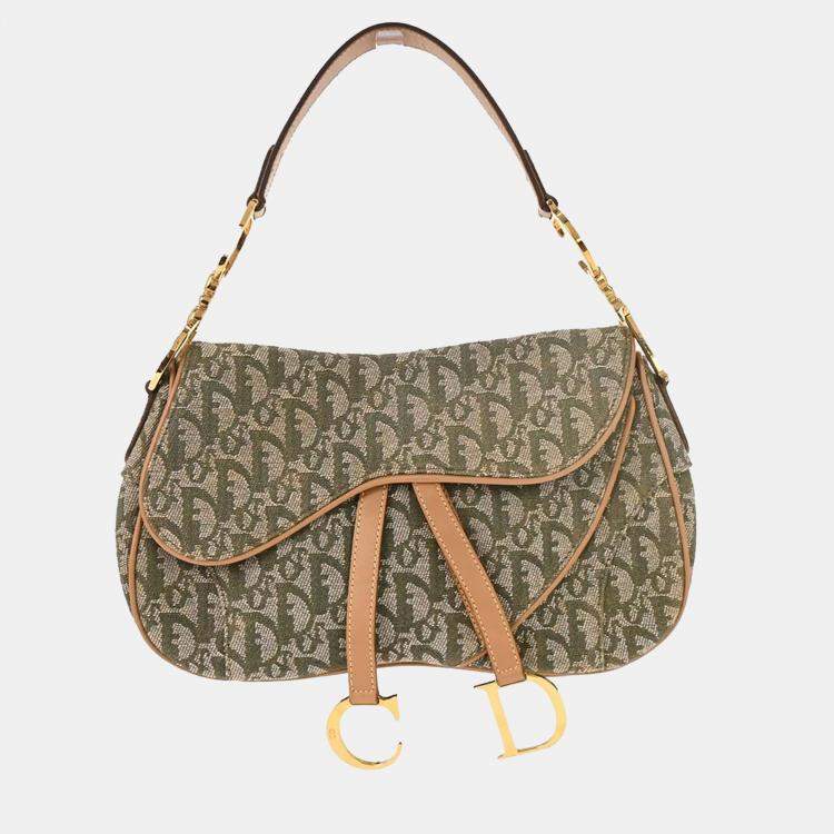 Pre Owned Dior Trotter Double Saddle Green Canvas Saddle Bag