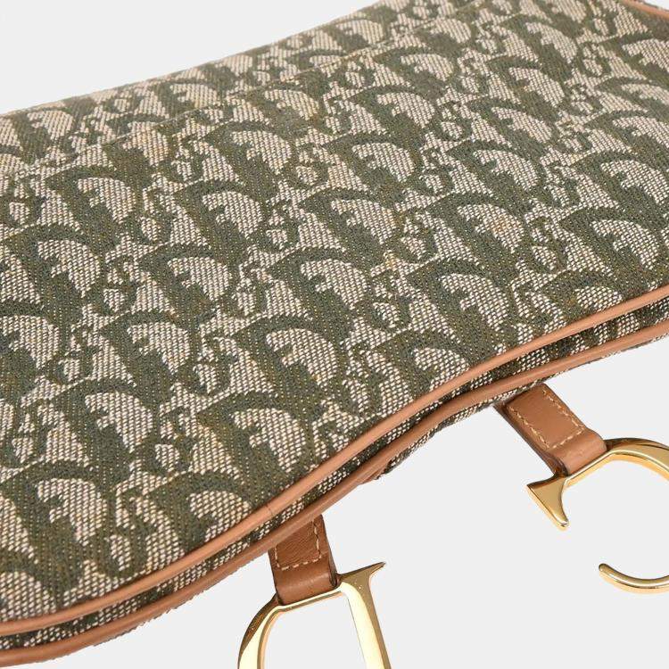 Pre Owned Dior Trotter Double Saddle Green Canvas Saddle Bag