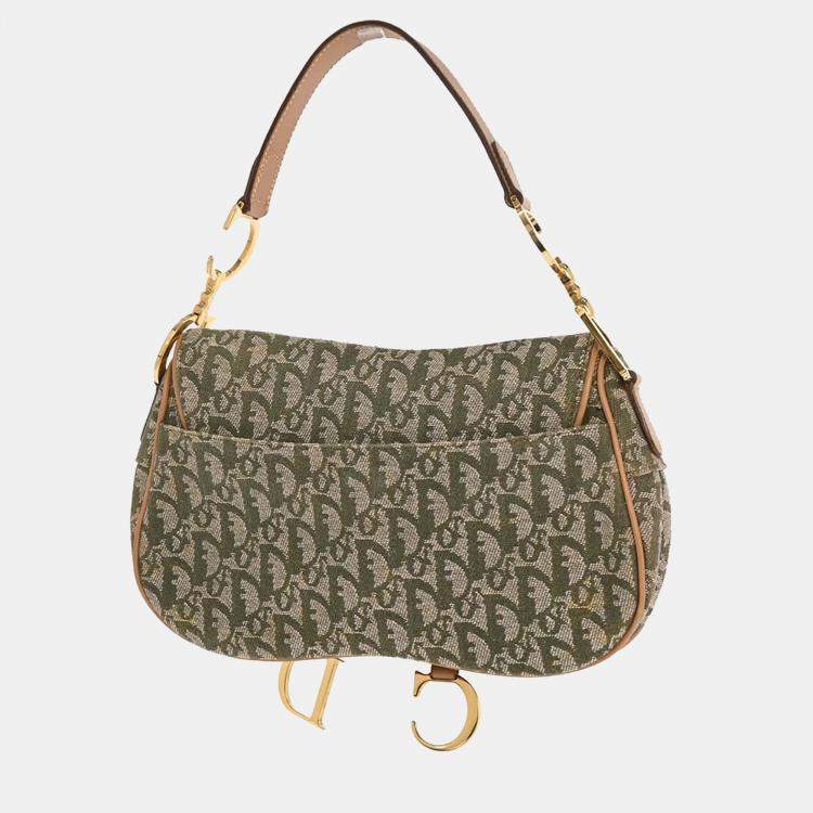 Pre Owned Dior Trotter Double Saddle Green Canvas Saddle Bag