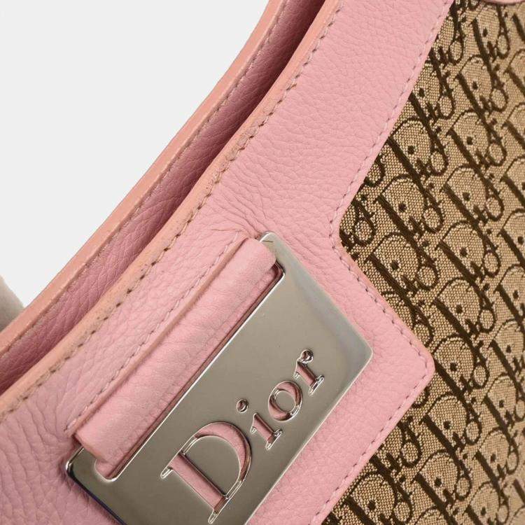 Pre Owned Dior Street Chic Trotter Pink Beige Canvas Hobo Bag