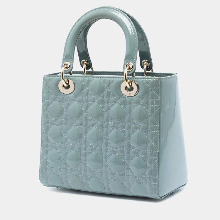Pre Owned Dior Light Blue Medium Patent Cannage Lady Dior