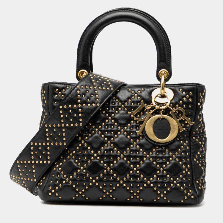 Pre Owned Dior Black Medium Lambskin Cannage Studded Supple Lady Dior