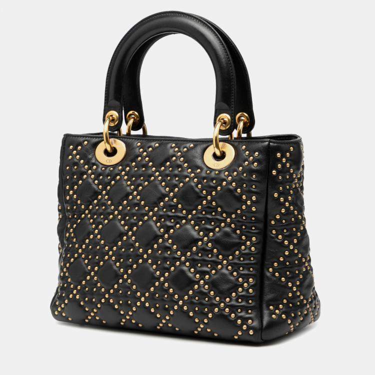 Pre Owned Dior Black Medium Lambskin Cannage Studded Supple Lady Dior