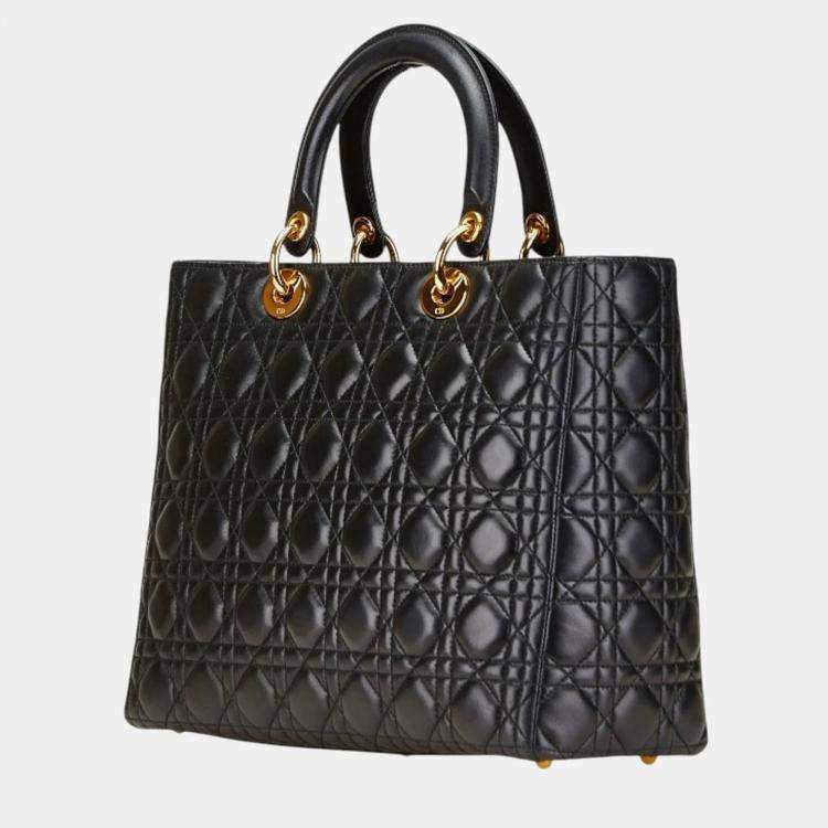 Pre Owned Christian Dior Dior Cannage Lady Large Handbag/Shoulder Bag Black Lambskin