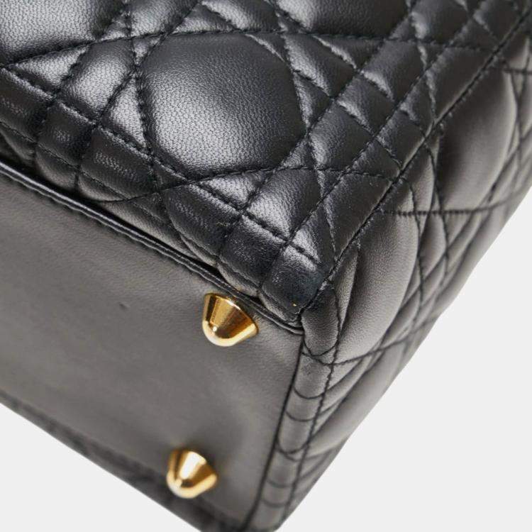 Pre Owned Christian Dior Dior Cannage Lady Large Handbag/Shoulder Bag Black Lambskin