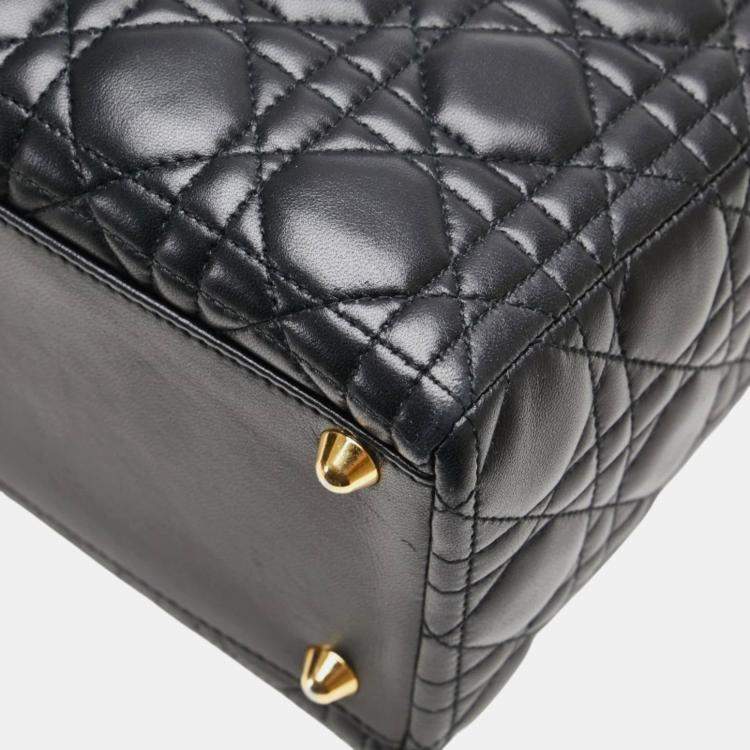 Pre Owned Christian Dior Dior Cannage Lady Large Handbag/Shoulder Bag Black Lambskin