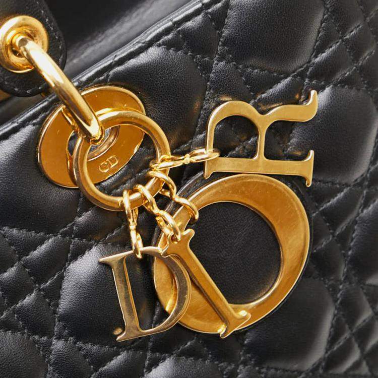 Pre Owned Christian Dior Dior Cannage Lady Large Handbag/Shoulder Bag Black Lambskin