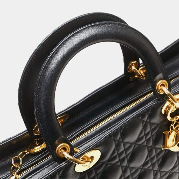 Pre Owned Christian Dior Dior Cannage Lady Large Handbag/Shoulder Bag Black Lambskin