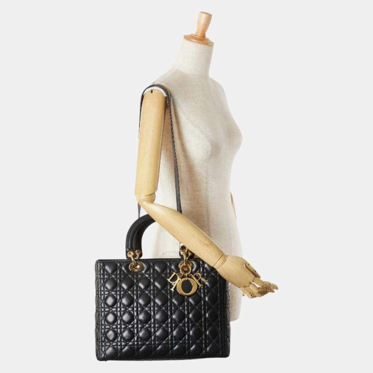 Pre Owned Christian Dior Dior Cannage Lady Large Handbag/Shoulder Bag Black Lambskin
