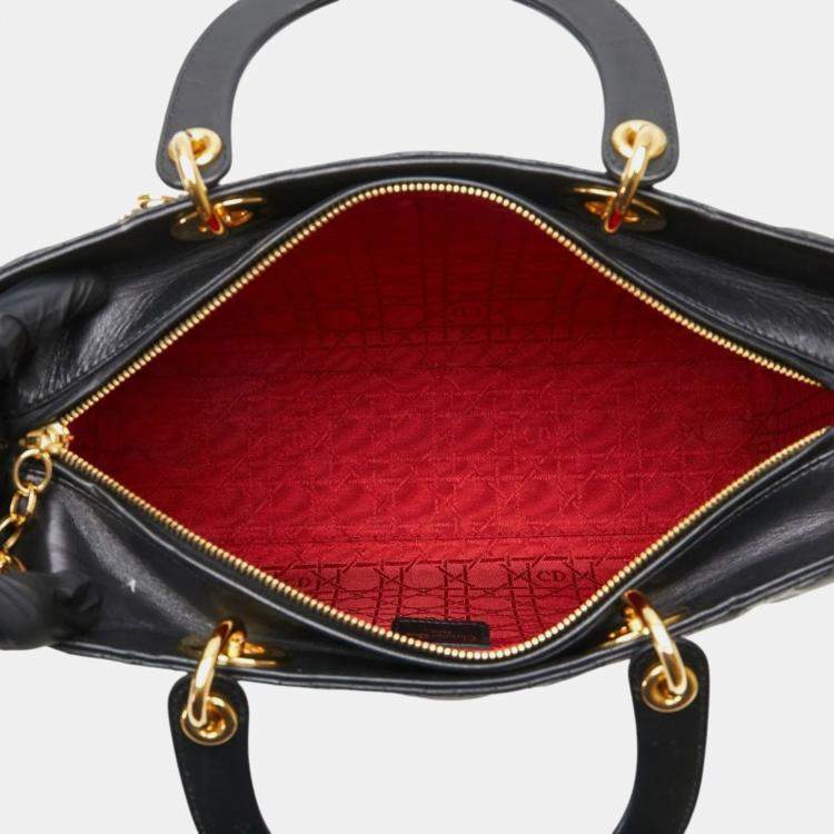 Pre Owned Christian Dior Dior Cannage Lady Large Handbag/Shoulder Bag Black Lambskin