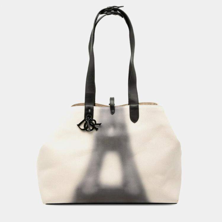Pre Owned Dior Toujours Large Beige Black Canvas Leather Tote Bag