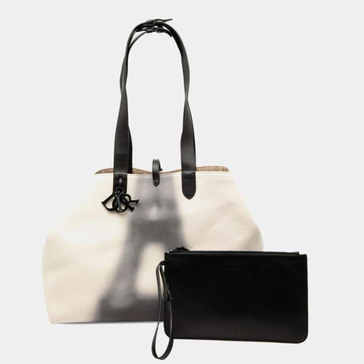 Pre Owned Dior Toujours Large Beige Black Canvas Leather Tote Bag