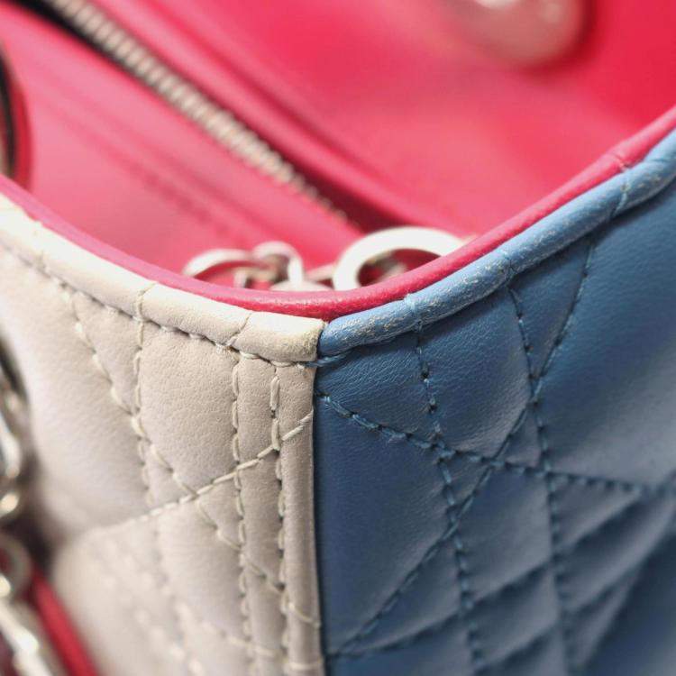 Pre Owned Christian Dior Dior Lady Cannage Handbag Leather Beige Blue Pink