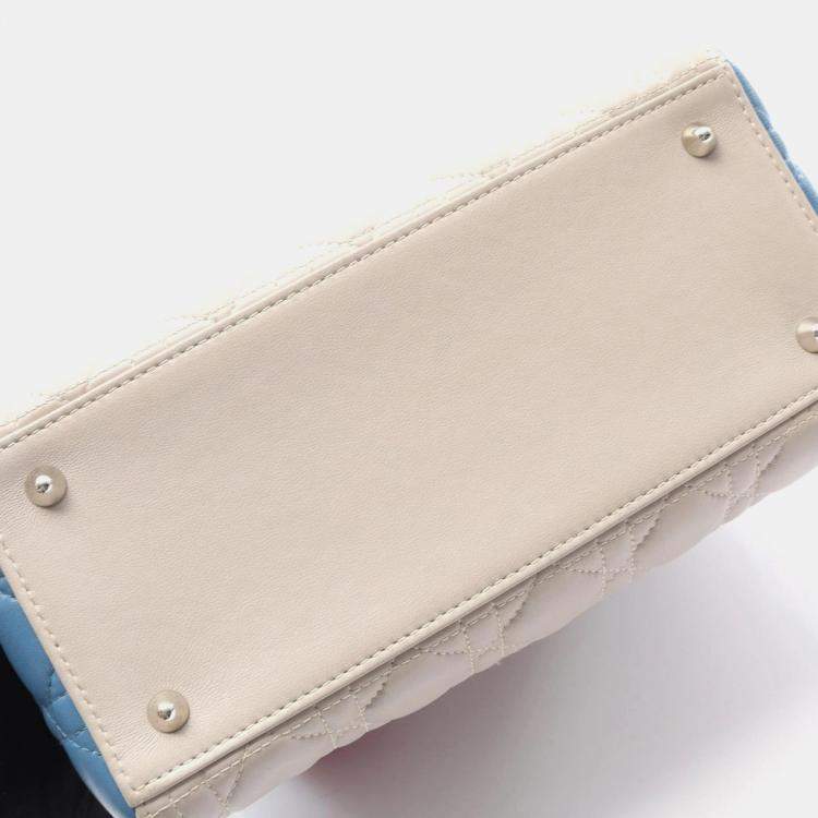 Pre Owned Christian Dior Dior Lady Cannage Handbag Leather Beige Blue Pink