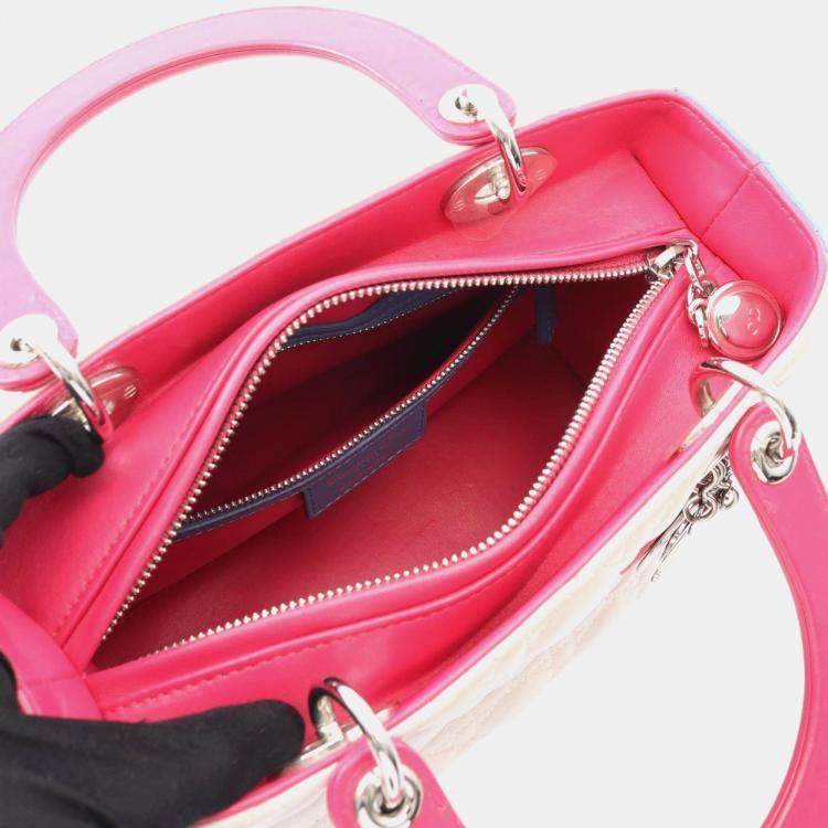 Pre Owned Christian Dior Dior Lady Cannage Handbag Leather Beige Blue Pink
