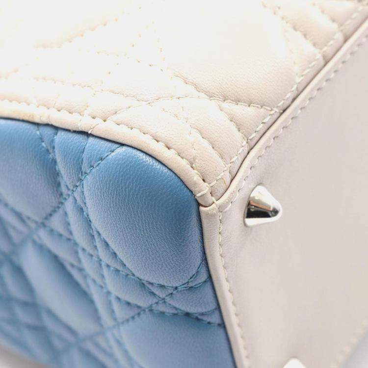 Pre Owned Christian Dior Dior Lady Cannage Handbag Leather Beige Blue Pink