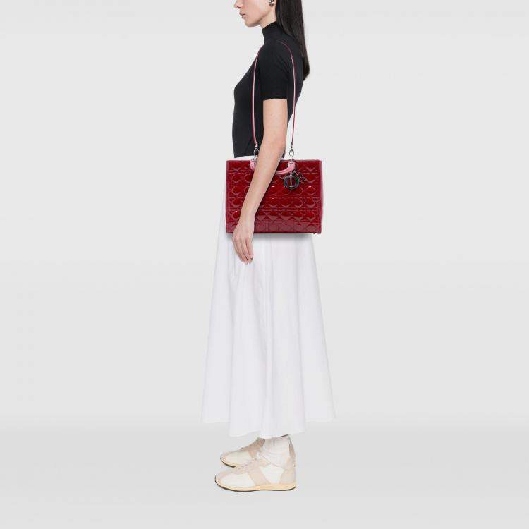 Pre Owned Dior Red Large Patent Cannage Lady Dior