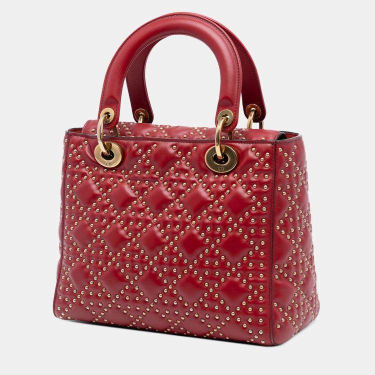 Pre Owned Dior Red Medium Studded Calfskin Lady Dior