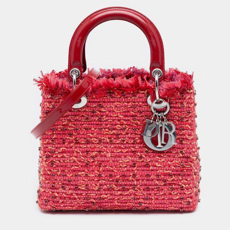 Pre Owned Dior Red Medium Tweed Fringe Rhinestone Lady Dior