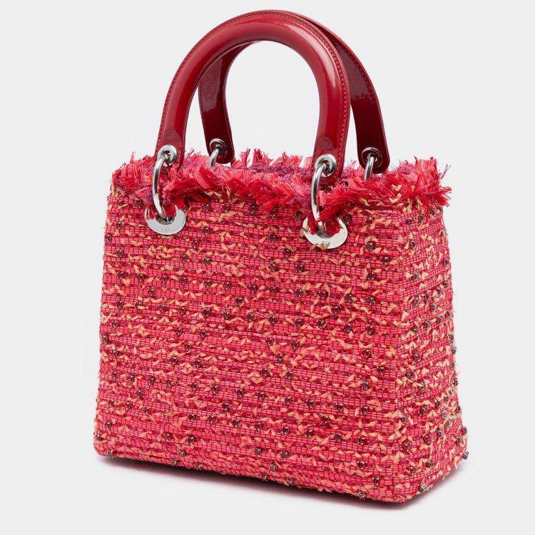 Pre Owned Dior Red Medium Tweed Fringe Rhinestone Lady Dior