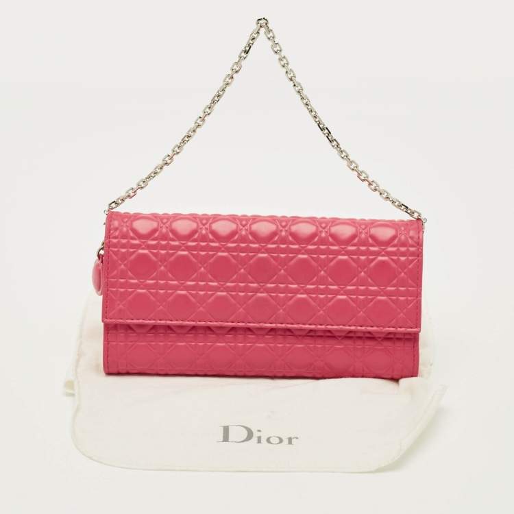 Pre Owned Dior Lady Dior Pink/Orange Cannage Coated Leather Wallet On Chain