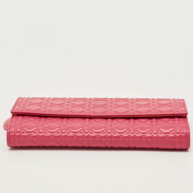 Pre Owned Dior Lady Dior Pink/Orange Cannage Coated Leather Wallet On Chain