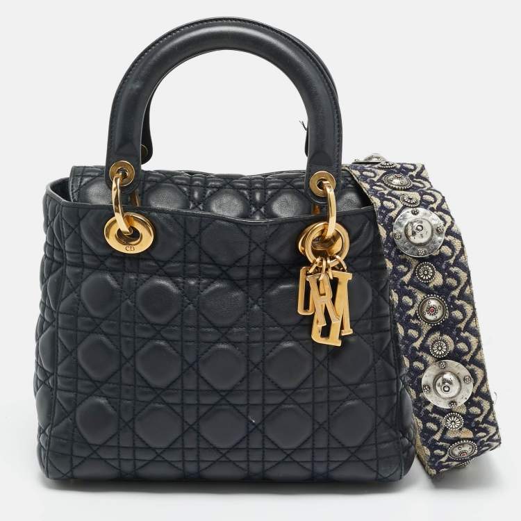 Pre Owned Dior Supple Lady Dior Medium Navy Blue Cannage Leather Tote
