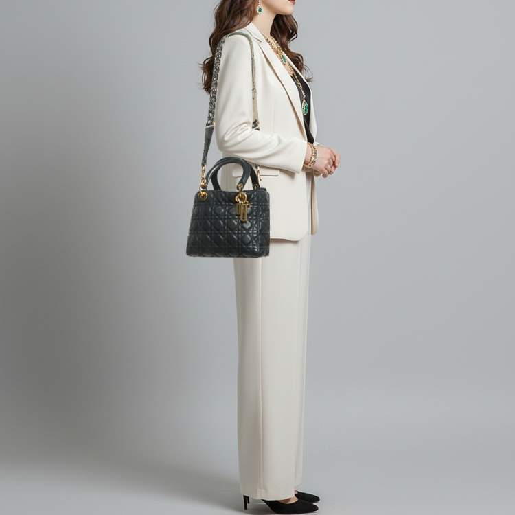 Pre Owned Dior Supple Lady Dior Medium Navy Blue Cannage Leather Tote