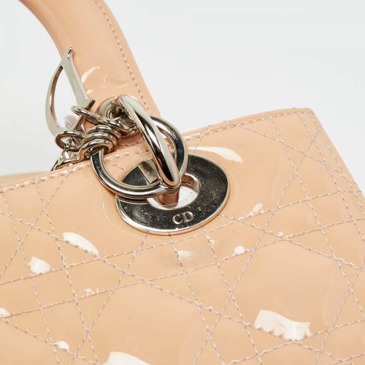 Pre Owned Dior Lady Dior Medium Beige Cannage Patent Leather Tote