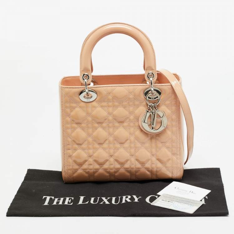 Pre Owned Dior Lady Dior Medium Beige Cannage Patent Leather Tote