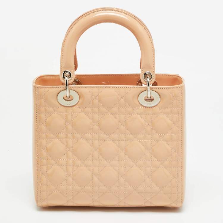 Pre Owned Dior Lady Dior Medium Beige Cannage Patent Leather Tote