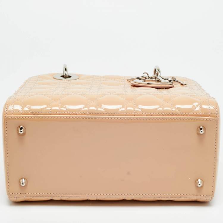 Pre Owned Dior Lady Dior Medium Beige Cannage Patent Leather Tote