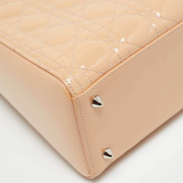 Pre Owned Dior Lady Dior Medium Beige Cannage Patent Leather Tote