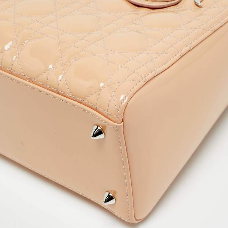 Pre Owned Dior Lady Dior Medium Beige Cannage Patent Leather Tote