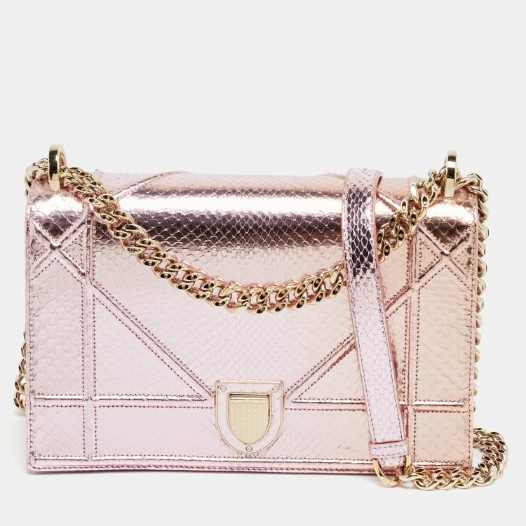 Pre Owned Dior Diorama Medium Metallic Pink Snakeskin Shoulder Bag