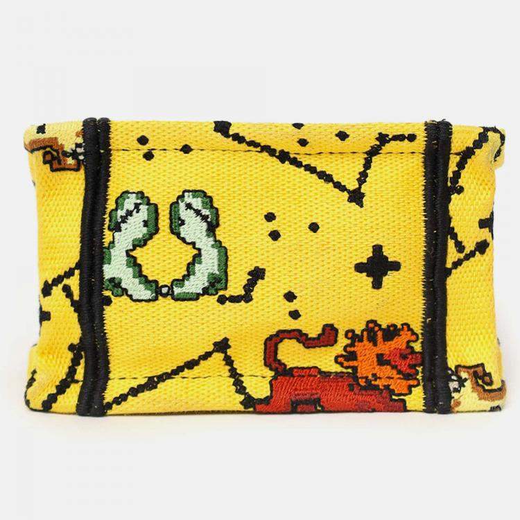 Pre Owned Christian Dior 2022 Yellow Canvas Embroidered Pixel Zodiac Mini Book Tote Phone Bag With Strap