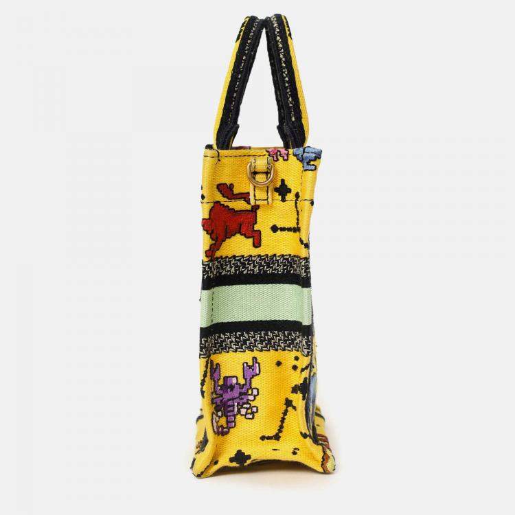 Pre Owned Christian Dior 2022 Yellow Canvas Embroidered Pixel Zodiac Mini Book Tote Phone Bag With Strap